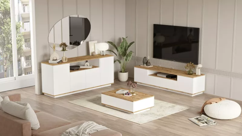 Set mobiljesh për dhomë dite, ngjyrë pishë Atlantike dhe e bardhë, Fr18-Aw