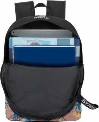 çantë shpine RIVACASE Skaters 5420, 12L, për laptop, material repelent uji, e zezë me print shumëngjyrësh