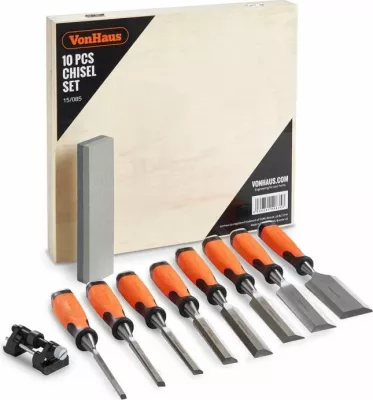 Set daltash për dru VonHaus 3515085, çelik krom-vanadium, me kapak goditjeje metalik, me udhëzues mprehjeje dhe gur mprehës, portokalli/zezë, set 10 copë