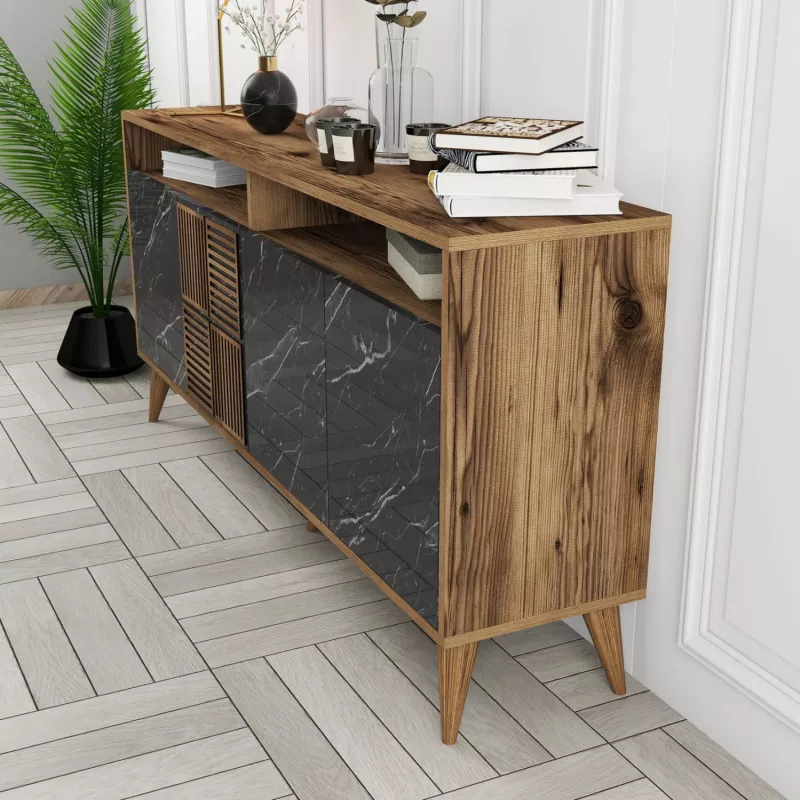 Bufe melamine FH9506.02, ngjyrë arre me dyer pamje mermeri të zi, 160x35x78H cm