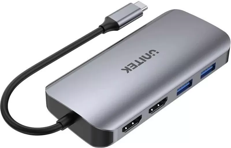 Hub UNITEK USB-C, 2x HDMI 4K, RJ45, PD 100W, Gri