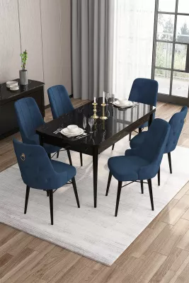 Set tavoline me karrige për ngrënie (7 copë), ngjyrë mermeri të zi, blu e errët, Skye Decor