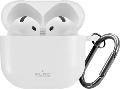 Mbështjellës silikoni për AirPods Puro Icon për AirPods 4, me karabinë, i bardhë