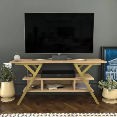 Komodinë për TV Skye Decor, ngjyrë ari, lis, Minerva