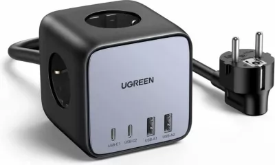 Shirit rryme/karikues UGREEN DigiNest Cube 60113 65W 7-në-1 GaN III 2xUSB-C 2xUSB-A 3xpriza AC kabllo 1.8m, zi/gri