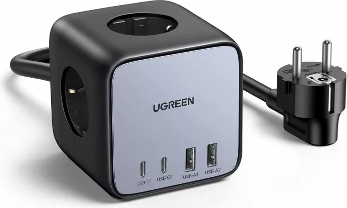 Shirit rryme/karikues UGREEN DigiNest Cube 60113 65W 7-në-1 GaN III 2xUSB-C 2xUSB-A 3xpriza AC kabllo 1.8m, zi/gri