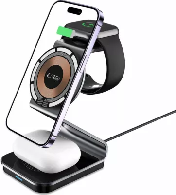 Karikues induktiv 3-në-1 Tech-Protect QI15W-A29 me MagSafe, për smartphone, Apple Watch dhe AirPods, i zi