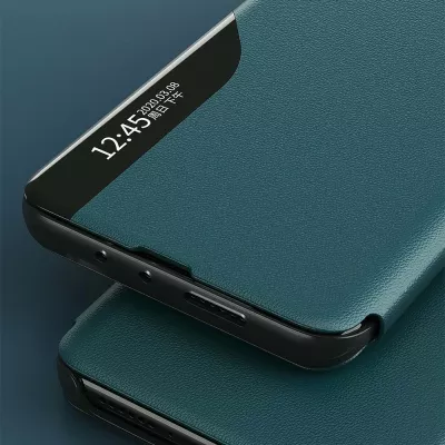 Mbështjellës Hurtel Eco Leather View Case për Samsung Galaxy A02s EU, me kapak dhe qëndrim, i zi