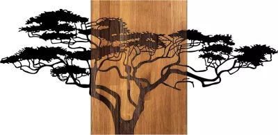 Aksesor dekorativ për mur, dru dhe metal, motiv peme akacie, ngjyrë e zezë dhe arre, 144x3x70cm