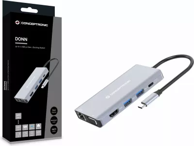 Docking station Conceptronic 10-1, USB-C në HDMI/USB-A/VGA/AUX, 25cm, gri