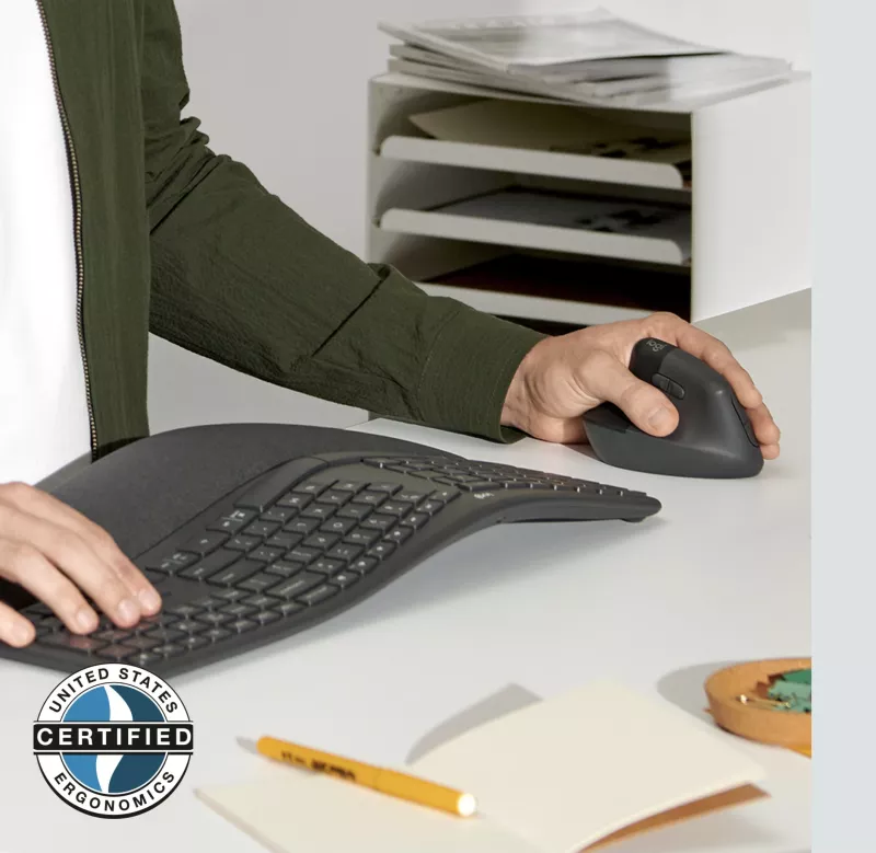 Maus Logitech Lift Vertical Ergonomic për Biznes, Majtas, Dizajn Vertikal, RF Wireless + Bluetooth, 4000 DPI, Grafit
