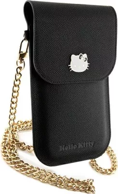 Mbështjellës Hello Kitty Leather Metal Logo Chain për celular, lëkurë artificiale, i zi