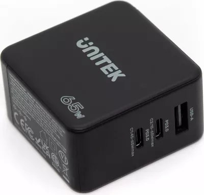 Karikues rrjeti Unitek P1117B GaN PD 65W 1x USB-A + 2x USB-C, 3.25A, i zi, set me adaptera EU/UK