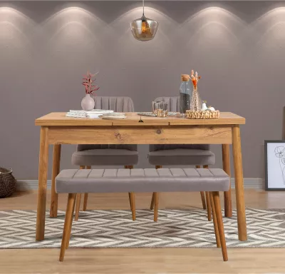 Set tavolinë me karrige për ngrënie, zgjatës, 4 pjesë, Skye Decor, ngjyrë pishë Atlantike, Soho gri