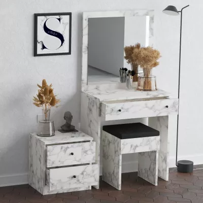 Tavolinë grimi me komodinë e karrige, ngjyrë Carrara Marble, Hanah Home, Nice
