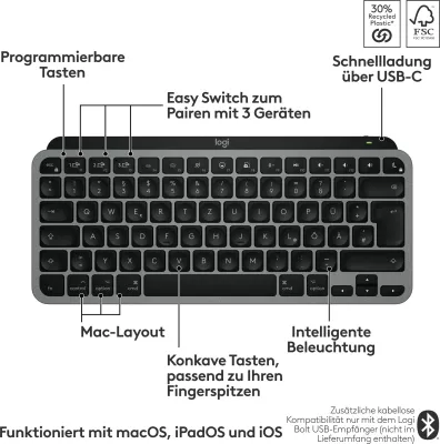 Tastierë Logitech MX Keys Mini për Mac, Wireless, Bluetooth, Scissor key switch, QWERTZ, LED, E zezë, Gri