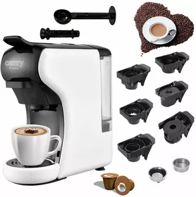 Makinë espresso multi-kapsula CAMRY CR4414, 19 bar, 0.6 L, 1450 W, bardhë/zezë, set me adaptera + filtër kafe të bluar