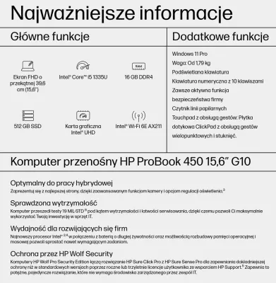 Laptop HP ProBook 450 G10, Intel Core i5, 16 GB RAM, 512 GB SSD, Silver
