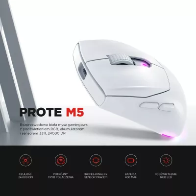 Maus Rampage Prote M5, 24000 DPI, RGB LED, wireless/wired, bardhë