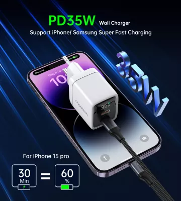 Karikues muri Choetech PD6051, 2x USB-C PD, 35W, me ekran, i bardhë