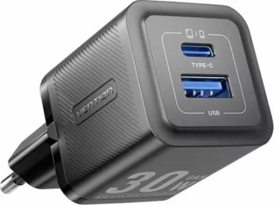 Karikues rrjeti Vention FEQB0-EU 30W, 1x USB-C + 1x USB-A, GaN, i zi