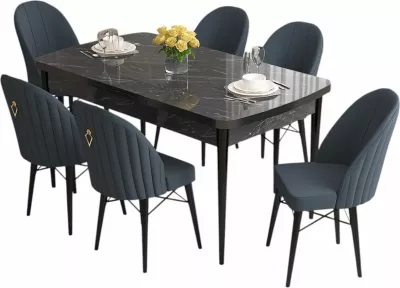 Set tavoline me karrige për ngrënie, zgjatues, Skye Decor, rozë, mermer i zi, antracit, 7 copë