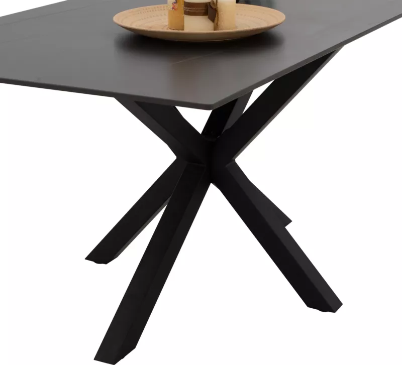 Tavolinë për ngrënie, gur i sinteruar, këmbë metali të zeza, 160x90x75 cm