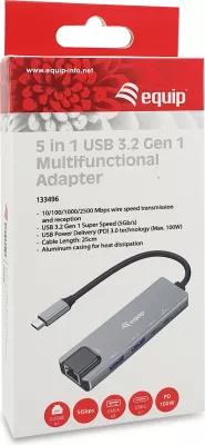 Adapter multifunksional Equip 5 në 1, USB-C, 2.5GbE, 100W, Gri