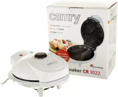 Pjekës waffle Camry CR3022 1000 W, 5 waffle në formë zemre, shtresë qeramike jo-ngjitëse, i bardhë