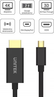 Kabllo përshtatëse Unitek, V1152A, miniDP-HDMI, 30 Hz, 2 m, e zezë