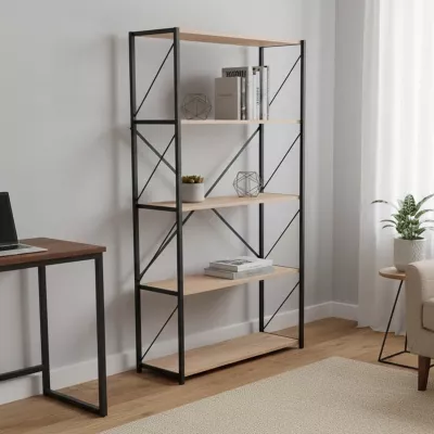 Raft librash Tikilmo melaminë lisi-metal i zi 88x34x180cm