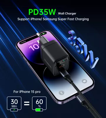 Karikues muri Choetech PD6051, 35W, 2x USB-C, me ekran, zi