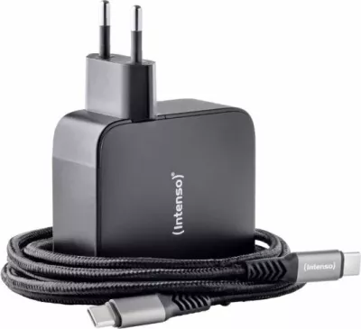 Karikues GaN INTENSO 7814010 140W 3xUSB-C + 1xUSB-A, kabllo USB-C në USB-C 2m 5A e përfshirë, e zezë (set)
