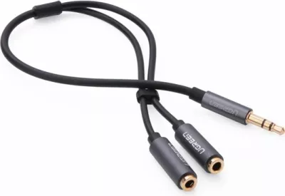 Adapter audio UGREEN 20816 3.5mm mashkull në 2x 3.5mm femër, 25cm, i zi, polybag