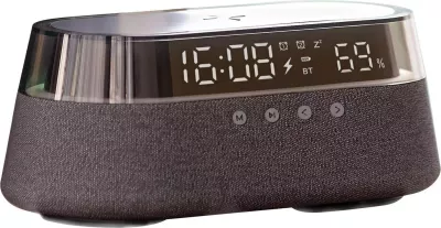 Altoparlant Bluetooth Moye Hemera 15W, orë alarmi me FM radio, dritë nate RGB, karikim pa kabllo Qi 5-15W, bateri 1800mAh, USB-C, zi/gri