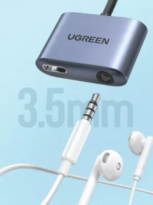 Adapter AV Ugreen CM231 USB-C në 3.5mm + USB-C, PD/QC 30W, gri