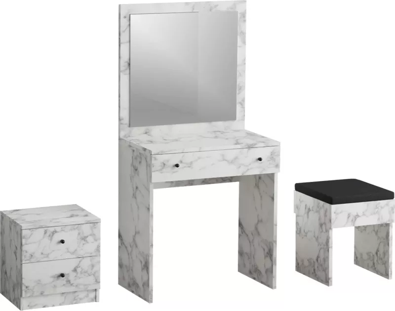 Tavolinë grimi me komodinë e karrige, ngjyrë Carrara Marble, Hanah Home, Nice