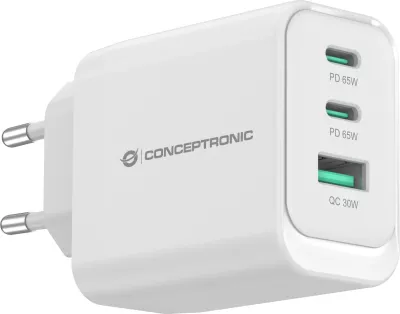 Karikues Conceptronic 3Port GaN, 2xUSB-C/1xA, 65W, i bardhë
