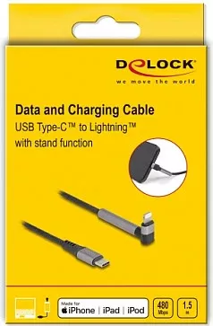 Kabllo DeLOCK USB-C në Lightning, 1.5 m, MFi, e këndshme, me funksion mbajtëse, e zezë/gri