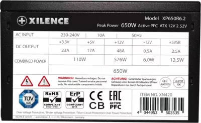 Furnizues me rrymë Xilence XP650R6.2, 650 W, 200 - 240 V, 50 Hz, 10 A, i zi