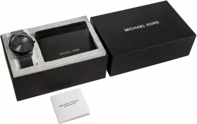 Orë dore dhe portofol kartelash Michael Kors për meshkuj, të zeza