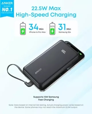 Powerbank Anker Zolo A110E 20000 mAh 22.5W me kabllo USB-C të integruar, e bardhë