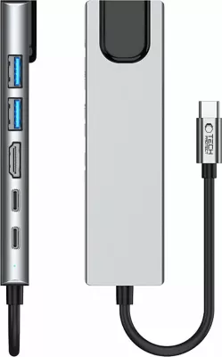 Adapter HUB Tech-Protect HB02 6in1, USB-C, USB 2.0, USB 3.0, HDMI 4K, RJ45, PD 100W, Gri