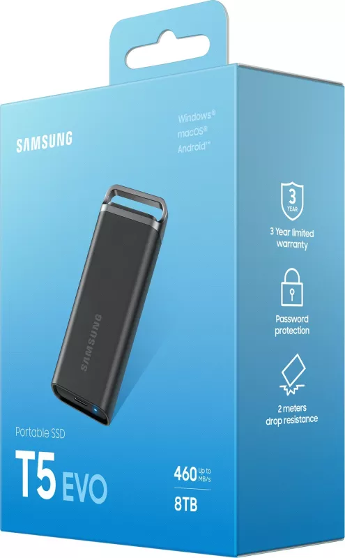 SSD Samsung T5 EVO, 8 TB, 3.2 Gen 1, 460 MB/s, Ngjyrë e zezë