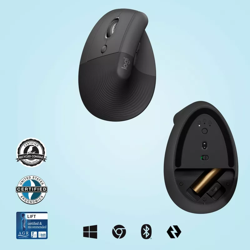 Maus Logitech Lift Left Vertical Ergonomic, i majtë, dizajn vertikal, optik, RF Wireless + Bluetooth, 4000 DPI, Grafit