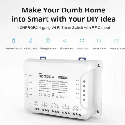 Switch smart Wi‑Fi SONOFF 4CHPROR3, 4-kanalësh, 100-240V, 3500W, RF 433MHz, i bardhë