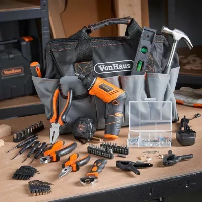 Set veglash dore dhe kaçavidash VONHAUS 3500027, 94 copë, kaçavidë elektrike Li-ion 3.6V, me çantë veglash, gri/portokalli