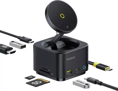 Kasë Baseus MagPro Series II 7-in-1 me karikues wireless MagSafe 15W, HDMI, USB-A, USB-C, SD/TF, e zezë