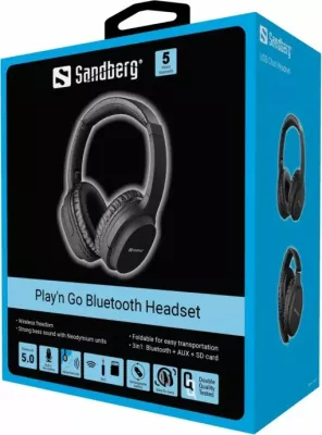 Kufje SANDBERG Play'n Go Wireless Headset 126-37, Bluetooth 5.0, over-ear, me mikrofon, AUX 3.5mm, TF/MicroSD, të zeza
