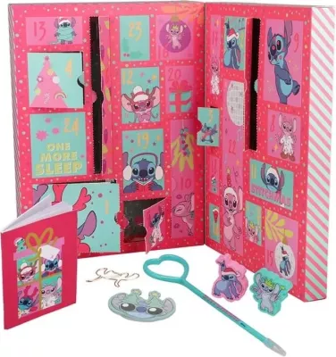 Kalendar adventi me artikuj shkrimi Disney Stitch Paladone, 24-ditor, set 32 copë, rozë